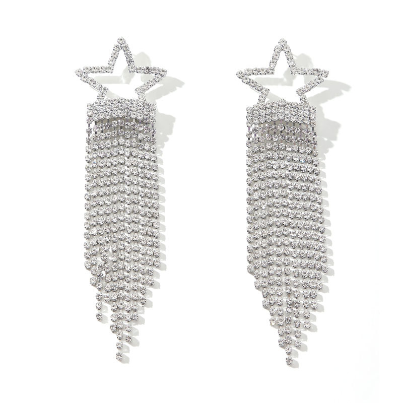 Shiny Pentagram Alloy Tassel Artificial Diamond Earrings display picture 1