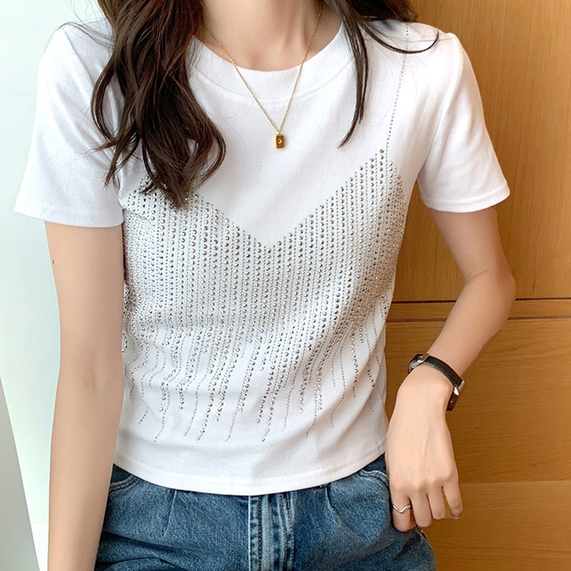 Women's T-shirt Short Sleeve T-shirts Diamond Casual Solid Color display picture 3