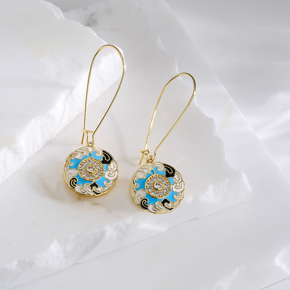 Fashion Round Color Block Copper Dangling Earrings Epoxy Inlay Zircon Copper Earrings display picture 2
