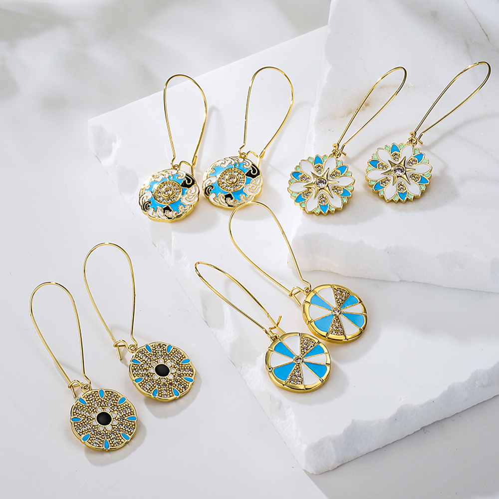 Fashion Round Color Block Copper Dangling Earrings Epoxy Inlay Zircon Copper Earrings display picture 5