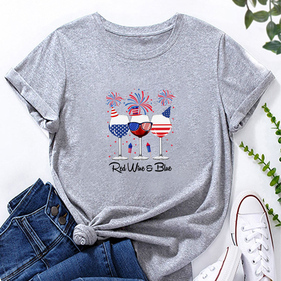 Femmes T-shirt Manche Courte T-shirts Impression Mode Drapeau Américain Verre De Vin display picture 1