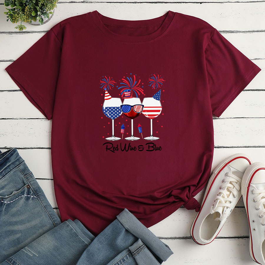 Frau T-shirt Kurzarm T-shirts Drucken Mode Amerikanische Flagge Weinglas display picture 5