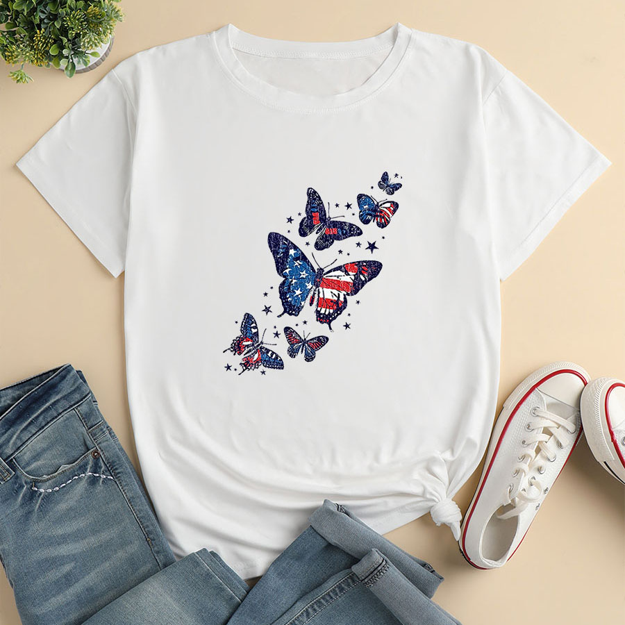 Frau T-shirt Kurzarm T-shirts Drucken Mode Amerikanische Flagge Schmetterling display picture 1