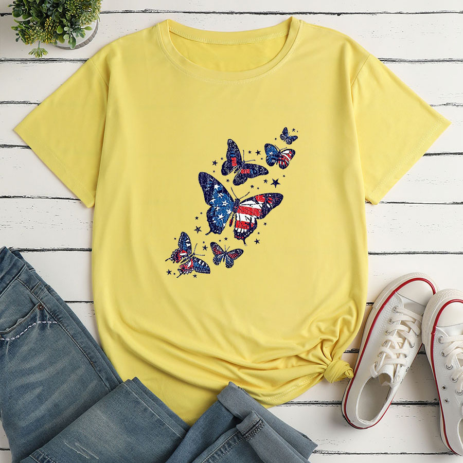 Frau T-shirt Kurzarm T-shirts Drucken Mode Amerikanische Flagge Schmetterling display picture 2