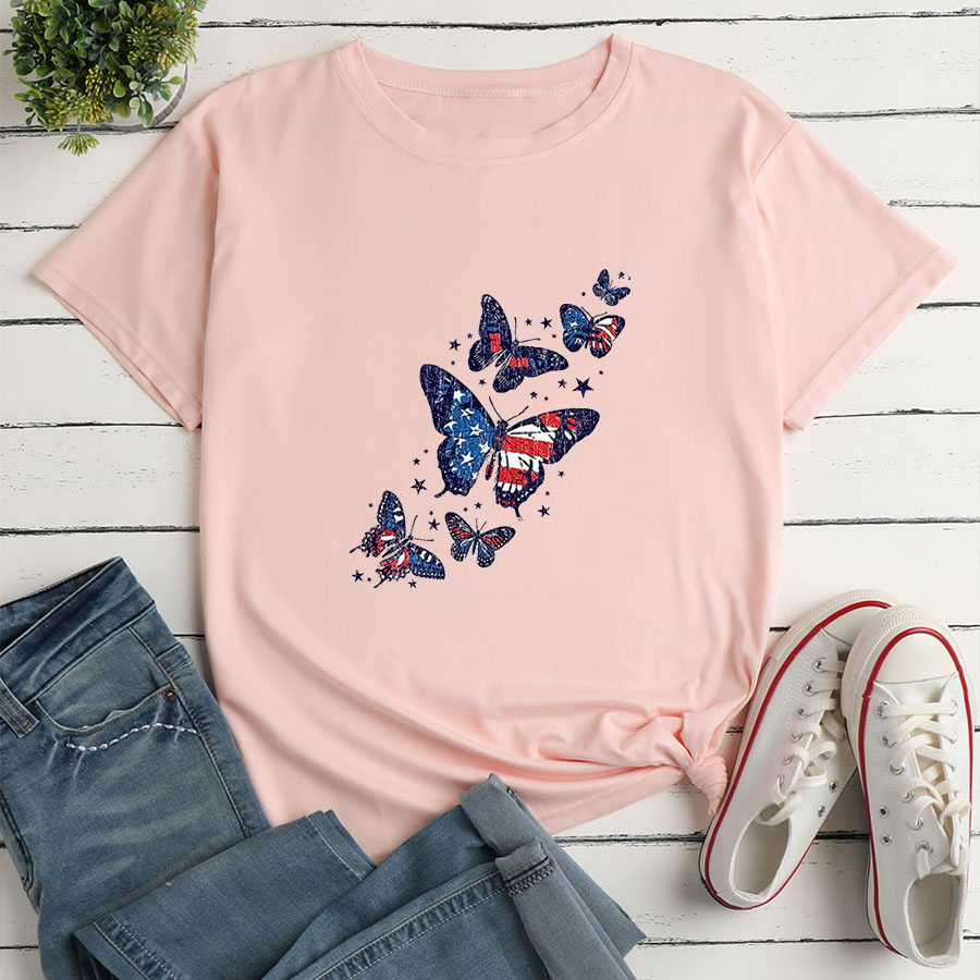 Frau T-shirt Kurzarm T-shirts Drucken Mode Amerikanische Flagge Schmetterling display picture 5
