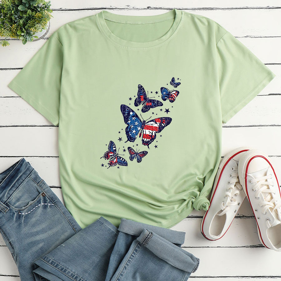 Frau T-shirt Kurzarm T-shirts Drucken Mode Amerikanische Flagge Schmetterling display picture 4