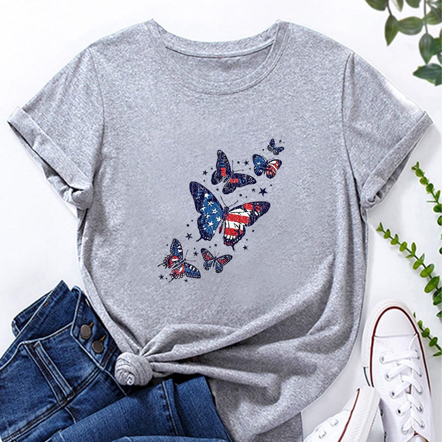Frau T-shirt Kurzarm T-shirts Drucken Mode Amerikanische Flagge Schmetterling display picture 6