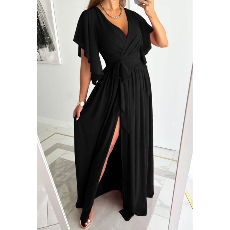 Femmes Robe Régulière Décontractée Col En V Fente Manche Courte Couleur Unie Maxi Longue Robe Du Quotidien display picture 4