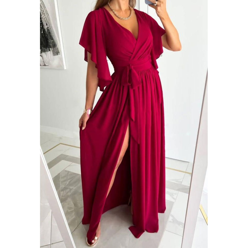 Femmes Robe Régulière Décontractée Col En V Fente Manche Courte Couleur Unie Maxi Longue Robe Du Quotidien display picture 2