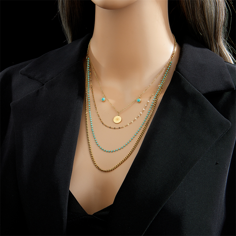 Vintage Style Geometric Stainless Steel Gold Plated Turquoise Layered Necklaces display picture 5
