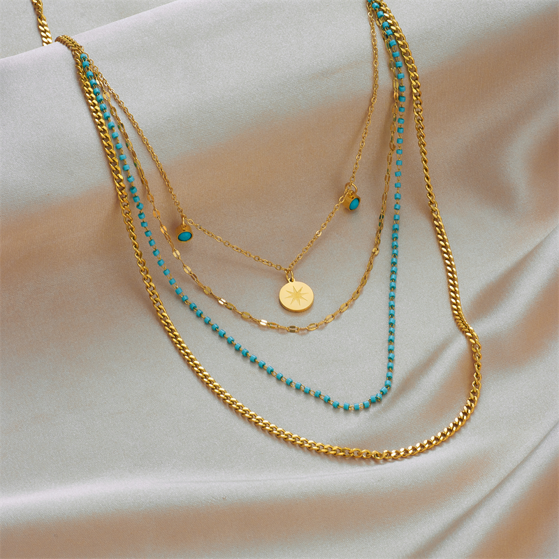 Style Vintage Géométrique Acier Inoxydable Plaqué Or Turquoise Collier En Couches display picture 4