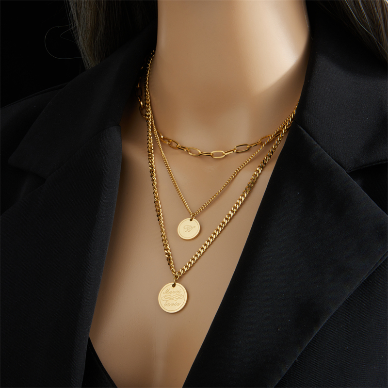 Acier Inoxydable Plaqué Or 18K Style Vintage Plaqué Or Lettre Pas D'Incrustation Collier En Couches display picture 4