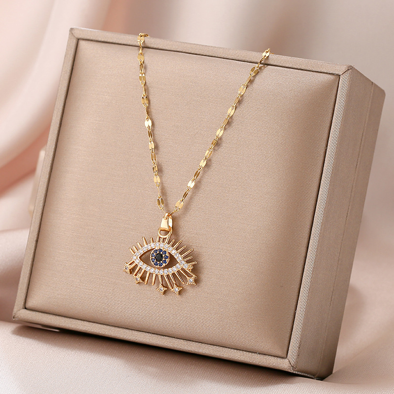 Stainless Steel 18K Gold Plated Vintage Style Inlay Eye Rhinestones Pendant Necklace display picture 2