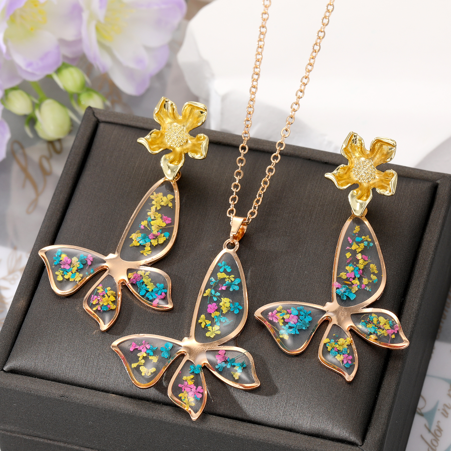 Mode Fleur Papillon Alliage Époxy Alliage Femmes Boucles D'oreilles Collier display picture 6