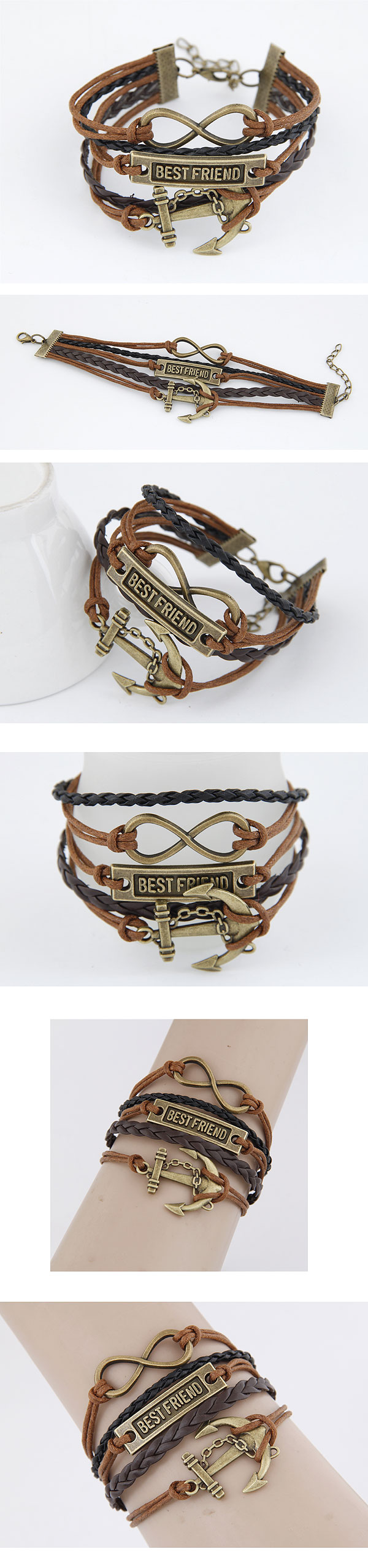 Retro Anchor Twist Pu Leather Synthetic Fibre Alloy Layered Bracelets 1 Piece display picture 1