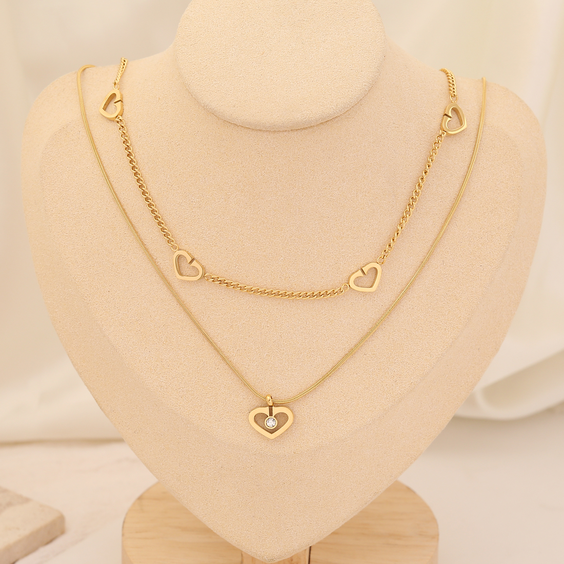 Acero Inoxidable Chapados en oro de 18k Moda Chapado En Oro Forma De Corazón Perla Collares En Capas display picture 12