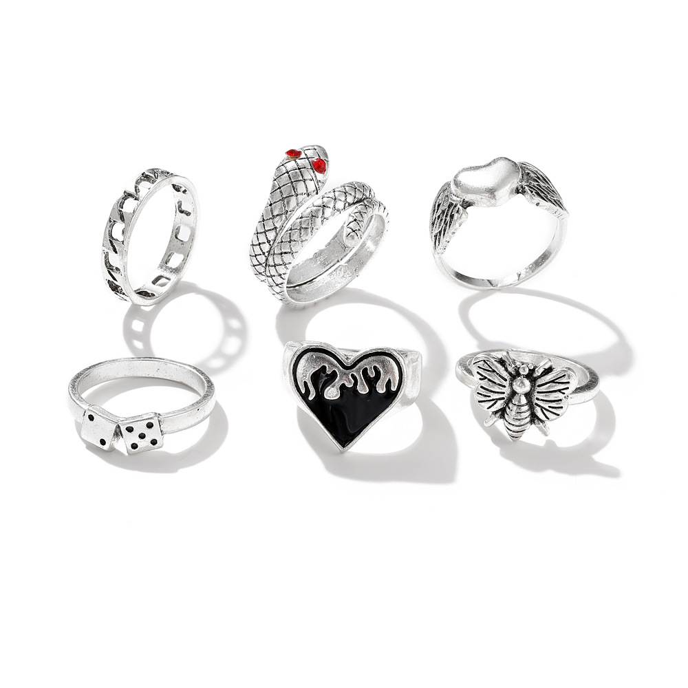 Hip-hop Heart Shape Snake Alloy Rings 6 Pieces display picture 3