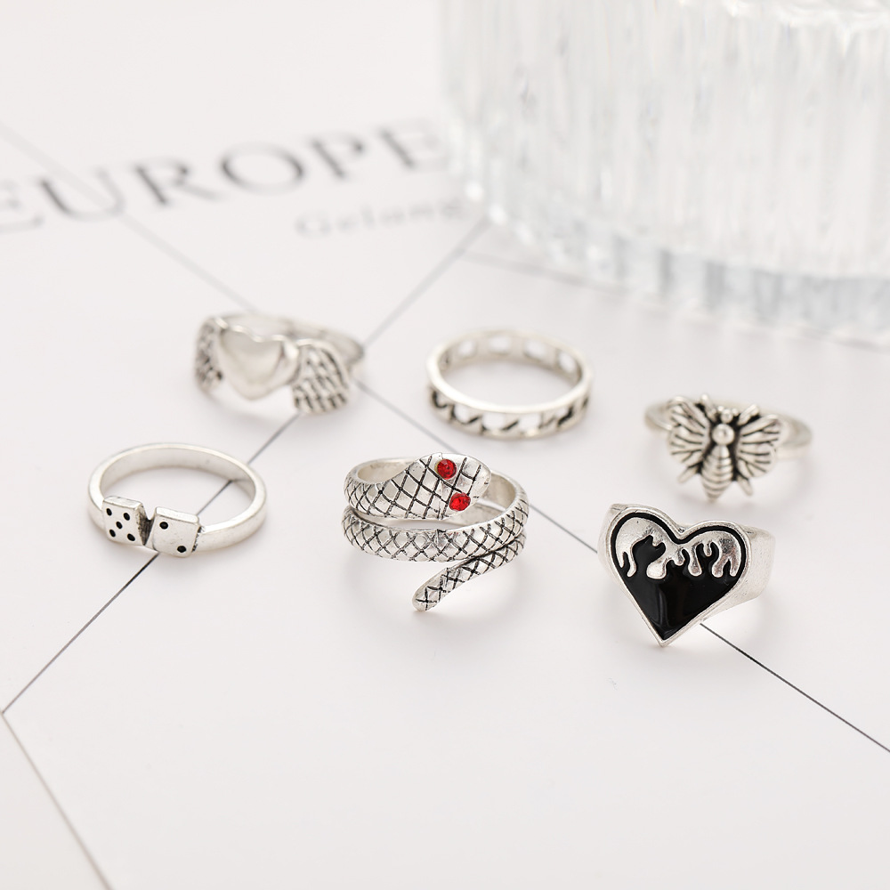 Hip-hop Heart Shape Snake Alloy Rings 6 Pieces display picture 1