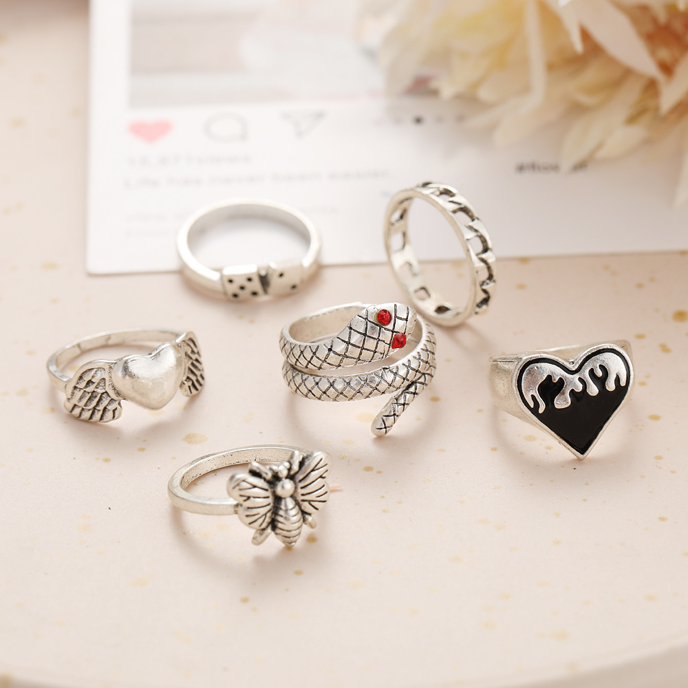 Hip-hop Heart Shape Snake Alloy Rings 6 Pieces display picture 2