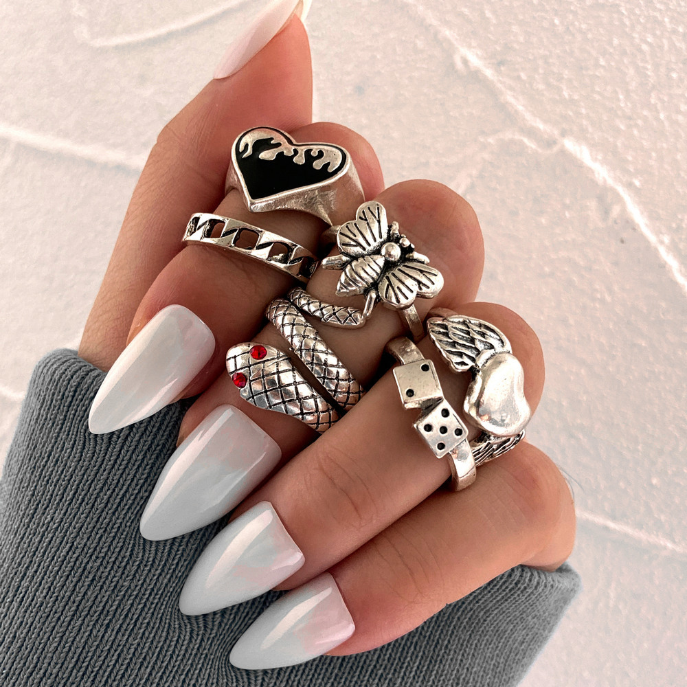 Hip-hop Heart Shape Snake Alloy Rings 6 Pieces display picture 4