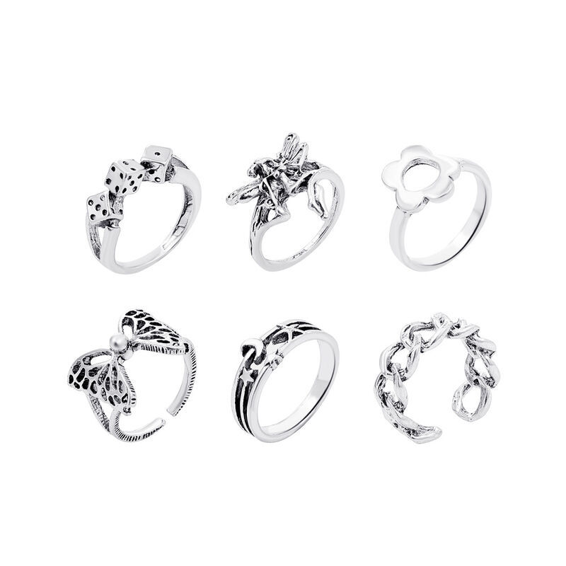 Retro Star Moon Butterfly Alloy Flower Rings 6 Pieces display picture 5
