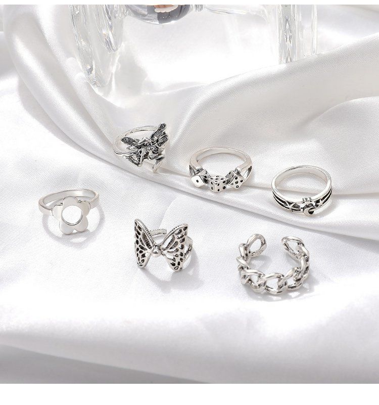 Retro Star Moon Butterfly Alloy Flower Rings 6 Pieces display picture 3