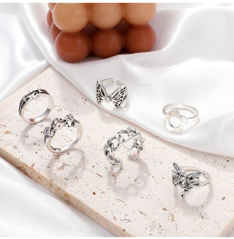 Retro Star Moon Butterfly Alloy Flower Rings 6 Pieces display picture 8