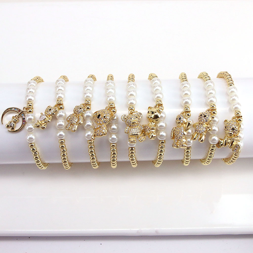 Cute Bear Copper Bracelets Inlaid Zircon Artificial Pearls Copper Bracelets 1 Piece display picture 1