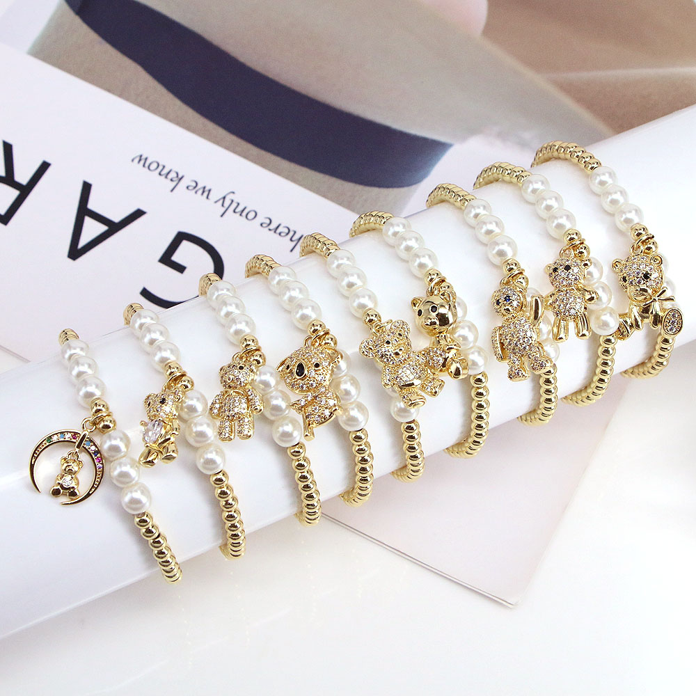 Niedlicher Bär Kupfer Armbänder Eingelegte Zirkon Künstliche Perlen Kupfer Armbänder 1 Stück display picture 2
