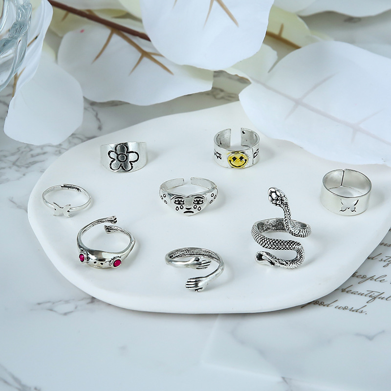 Simple Style Smiley Face Snake Butterfly Alloy Plating Open Ring 8 Pieces display picture 3