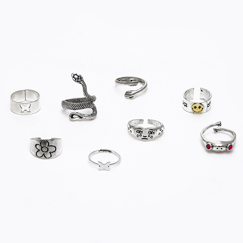 Simple Style Smiley Face Snake Butterfly Alloy Plating Open Ring 8 Pieces display picture 5