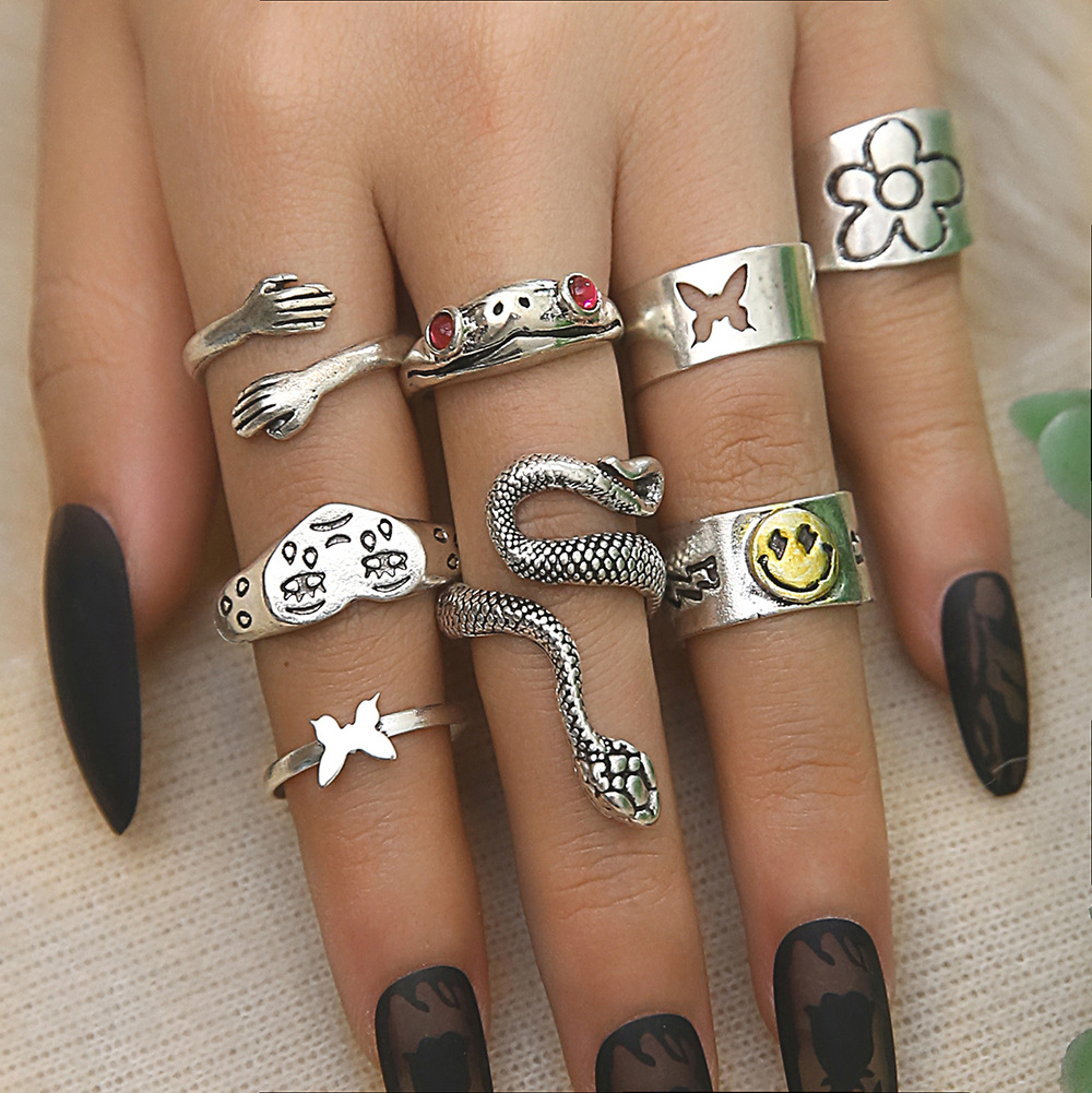 Simple Style Smiley Face Snake Butterfly Alloy Plating Open Ring 8 Pieces display picture 7