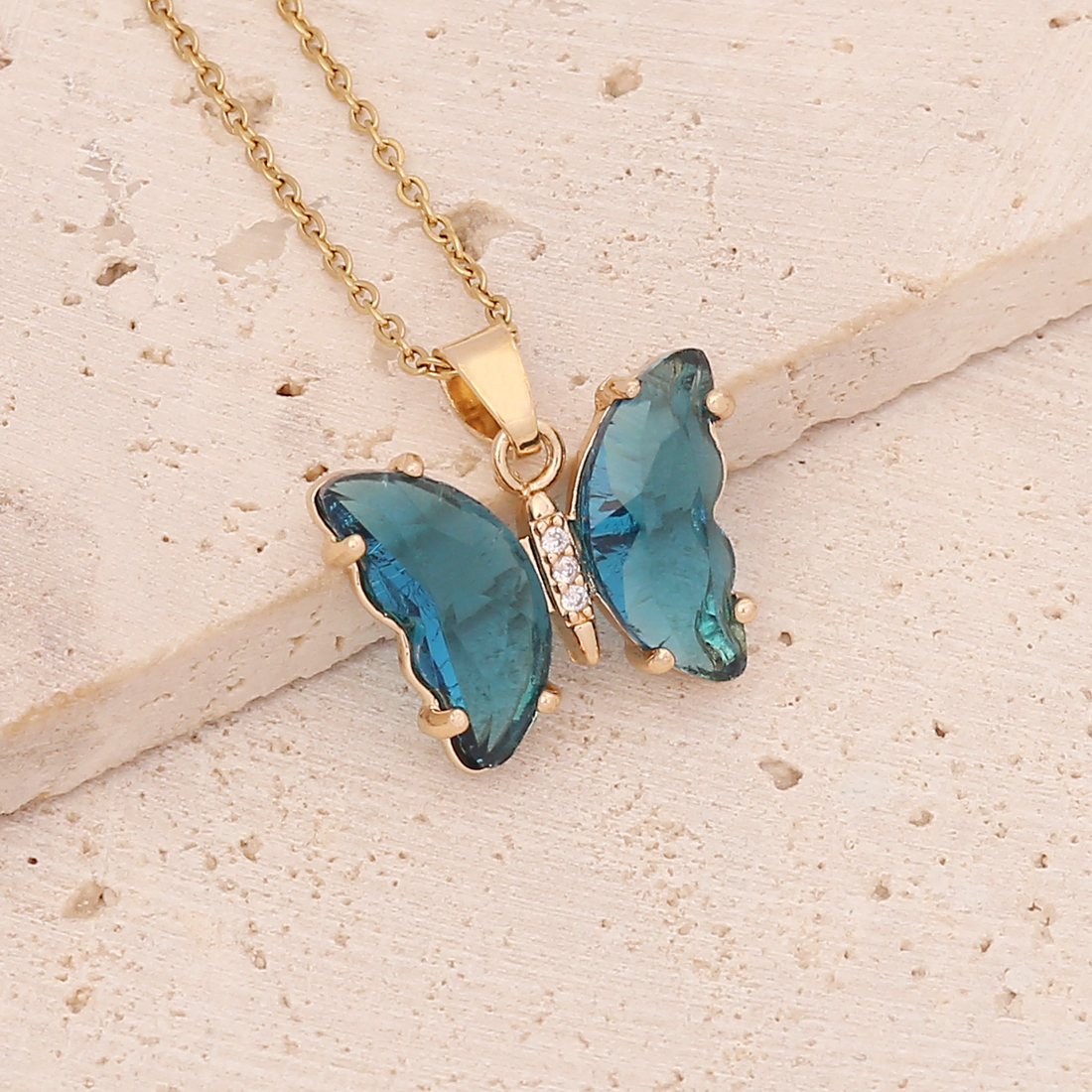 Acero Inoxidable Chapados en oro de 18k Estilo De Hadas Embutido Mariposa Cristal Collar display picture 8