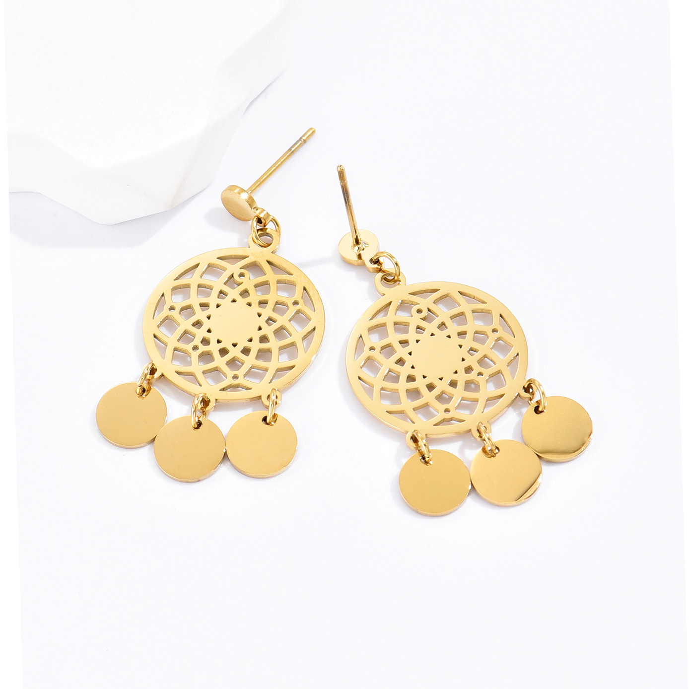 1 Pair Ethnic Style Round Tassel Hollow Out 304 Stainless Steel 14K Gold Plated Earrings display picture 1