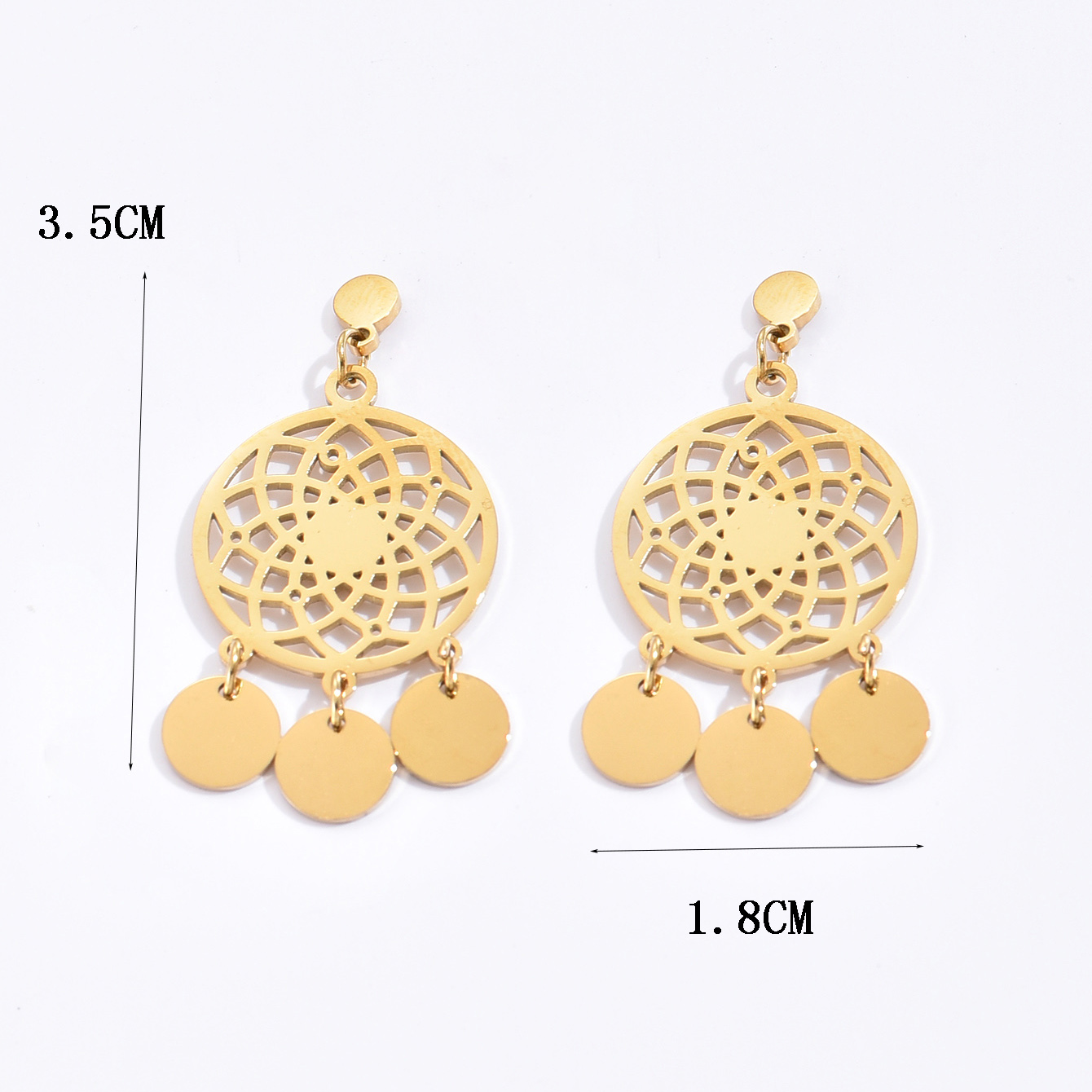 1 Pair Ethnic Style Round Tassel Hollow Out 304 Stainless Steel 14K Gold Plated Earrings display picture 3