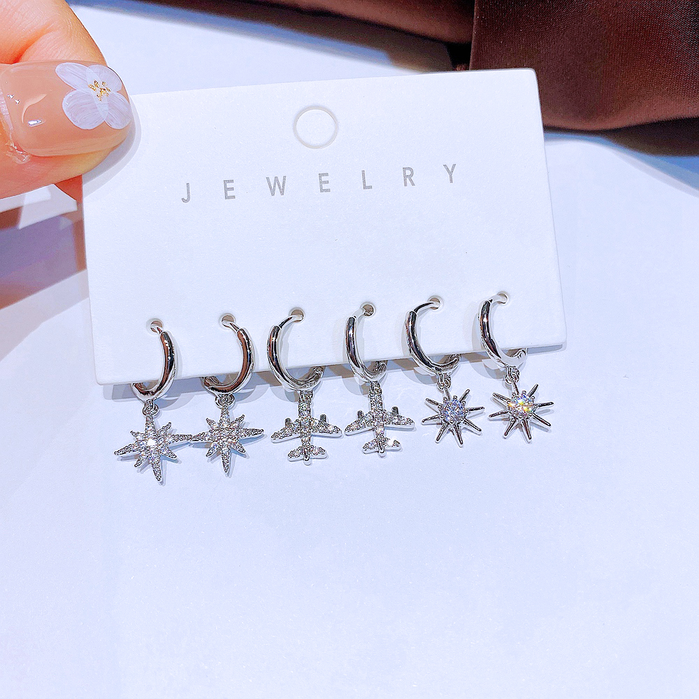 Fashion Hexagram Airplane Copper Dangling Earrings Inlay Zircon Copper Earrings 6 Pieces display picture 1