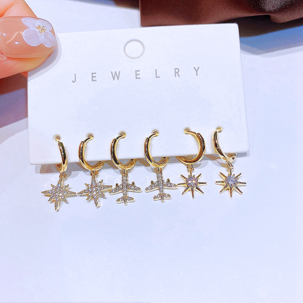 Fashion Hexagram Airplane Copper Dangling Earrings Inlay Zircon Copper Earrings 6 Pieces display picture 3