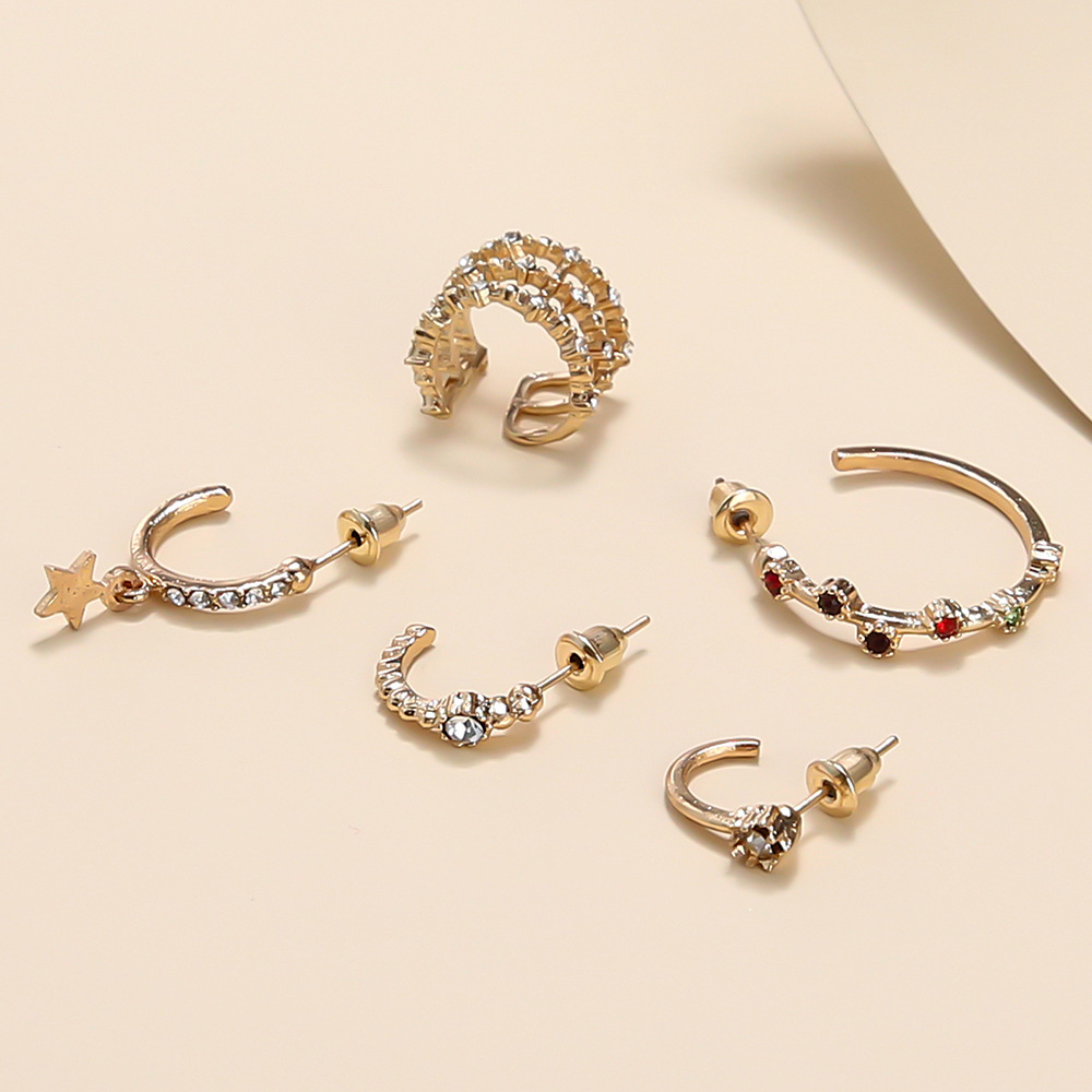 5 Piece Set Simple Style C Shape Geometric Inlay Alloy Artificial Diamond Ear Clips Ear Studs display picture 1