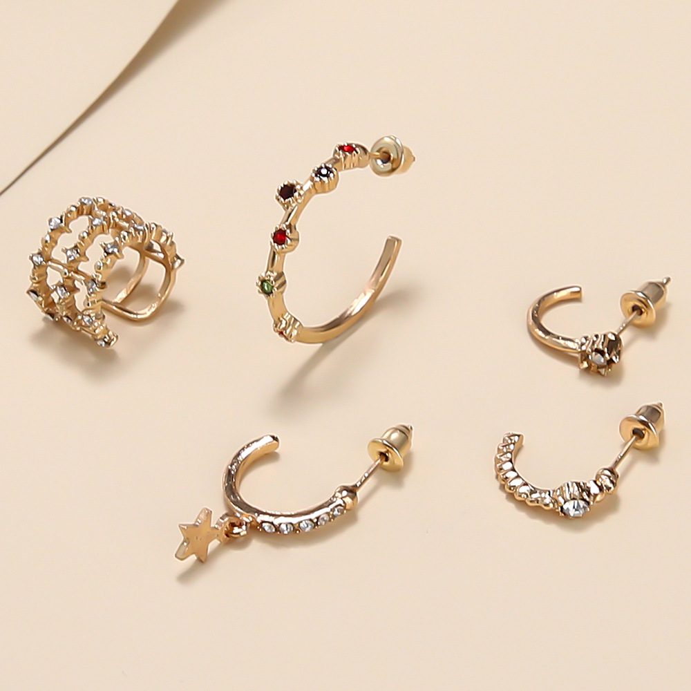 5 Piece Set Simple Style C Shape Geometric Inlay Alloy Artificial Diamond Ear Clips Ear Studs display picture 2