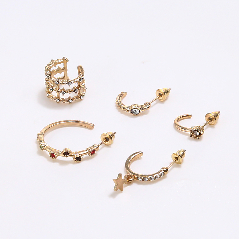5 Piece Set Simple Style C Shape Geometric Inlay Alloy Artificial Diamond Ear Clips Ear Studs display picture 4