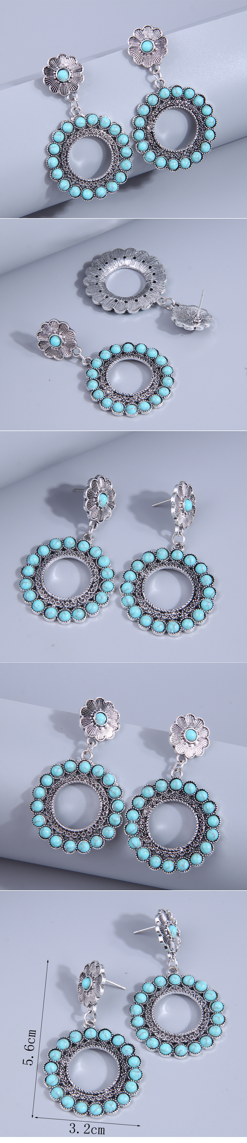 Retro Round Alloy Splicing Hollow Out Turquoise Drop Earrings 1 Pair display picture 1