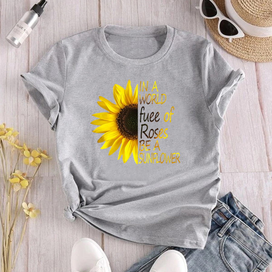 Fashion Sunflower Letter Cotton Round Neck Short Sleeve Regular Sleeve Printing T-shirt display picture 4