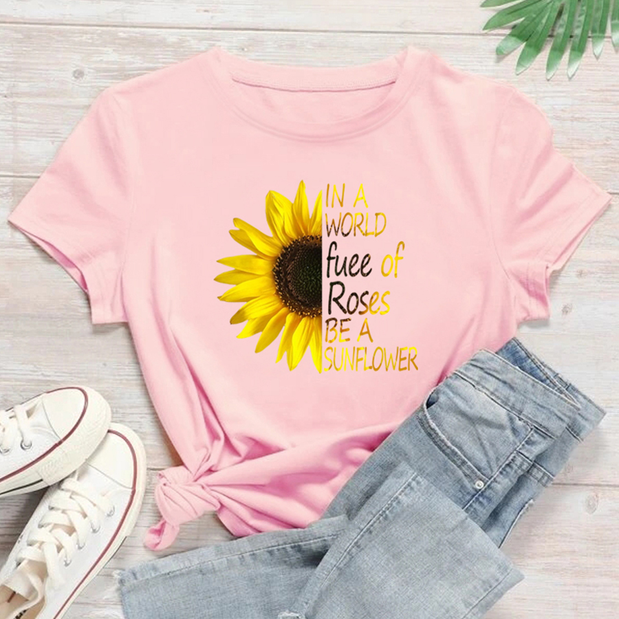 Fashion Sunflower Letter Cotton Round Neck Short Sleeve Regular Sleeve Printing T-shirt display picture 8