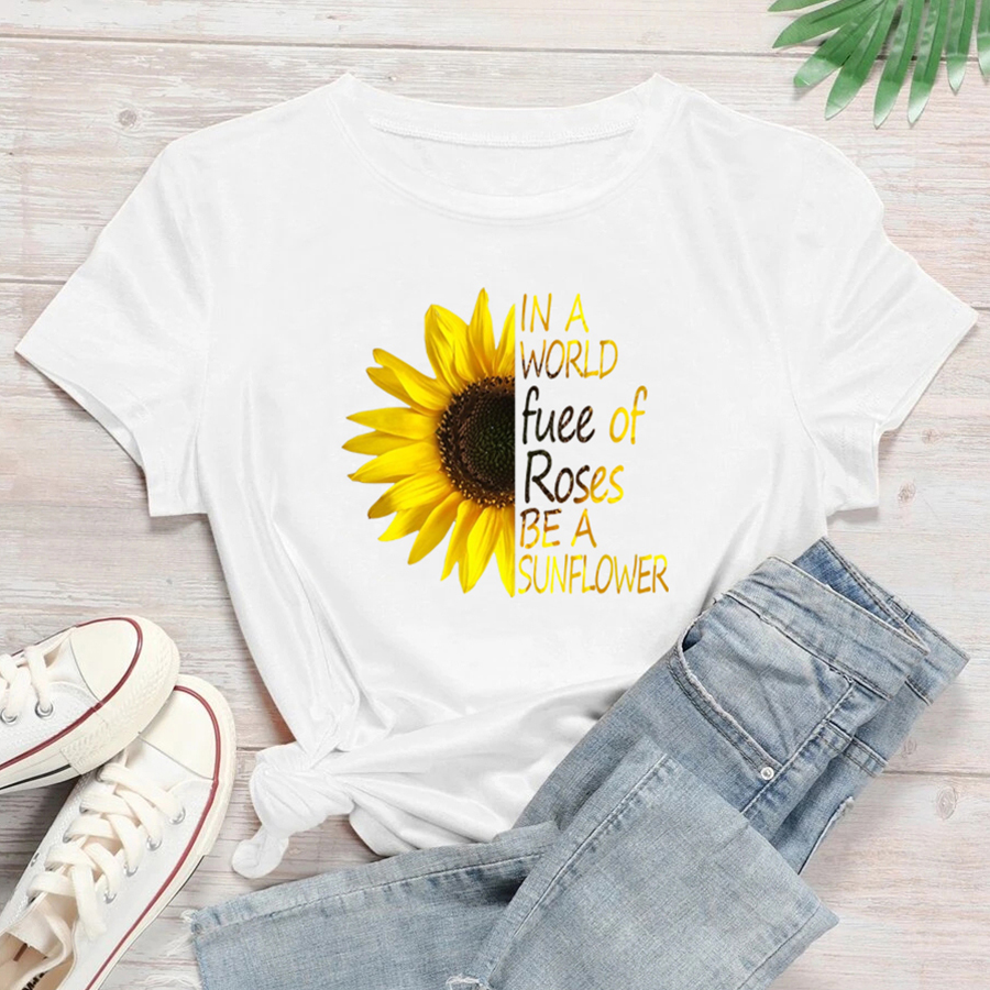 Fashion Sunflower Letter Cotton Round Neck Short Sleeve Regular Sleeve Printing T-shirt display picture 3