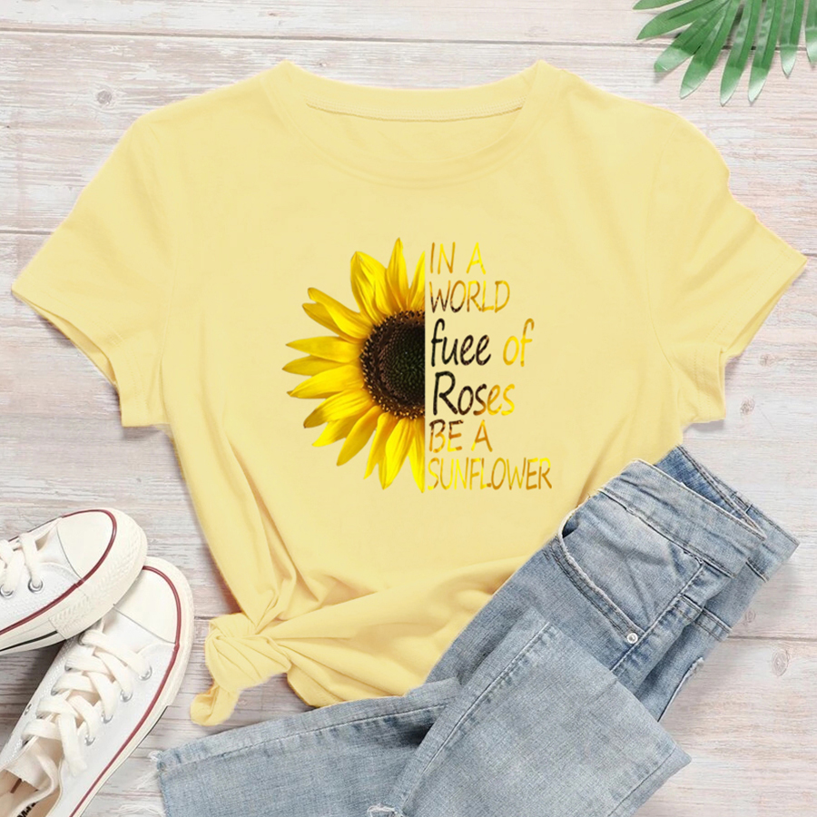 Fashion Sunflower Letter Cotton Round Neck Short Sleeve Regular Sleeve Printing T-shirt display picture 7