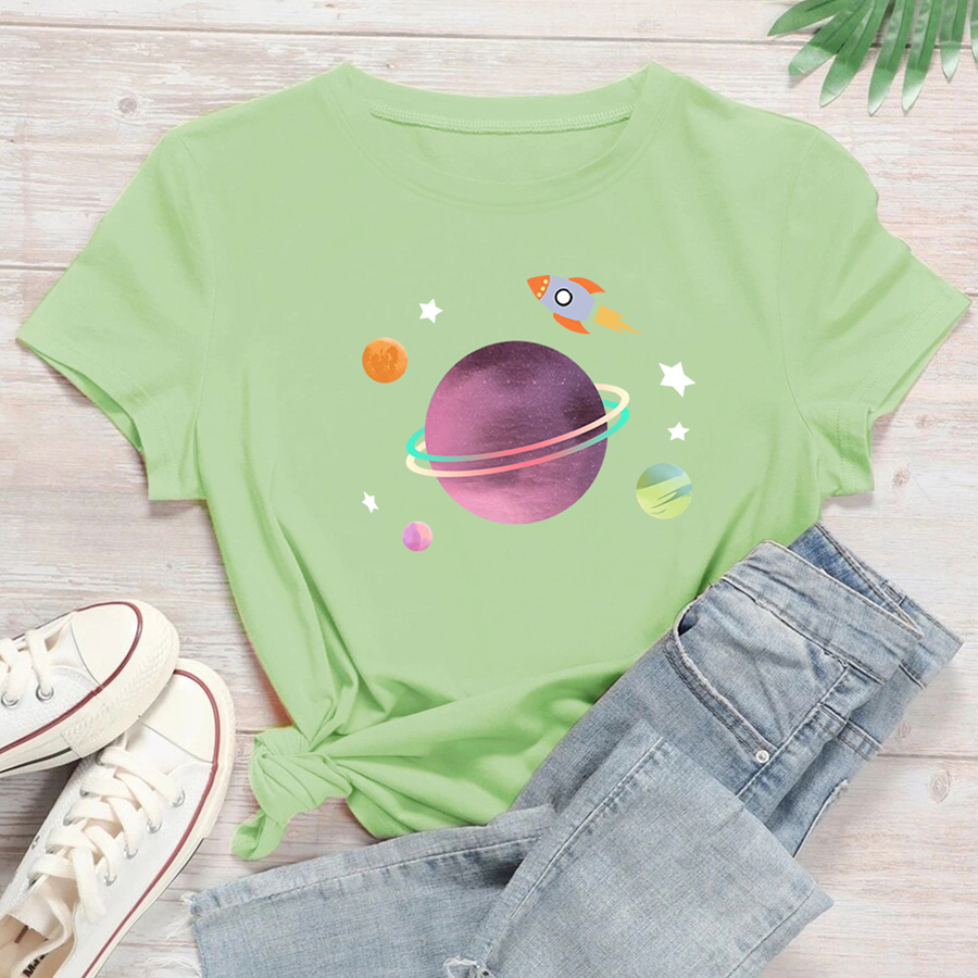 Casual Planet Cotton Round Neck Short Sleeve Regular Sleeve Printing T-shirt display picture 1