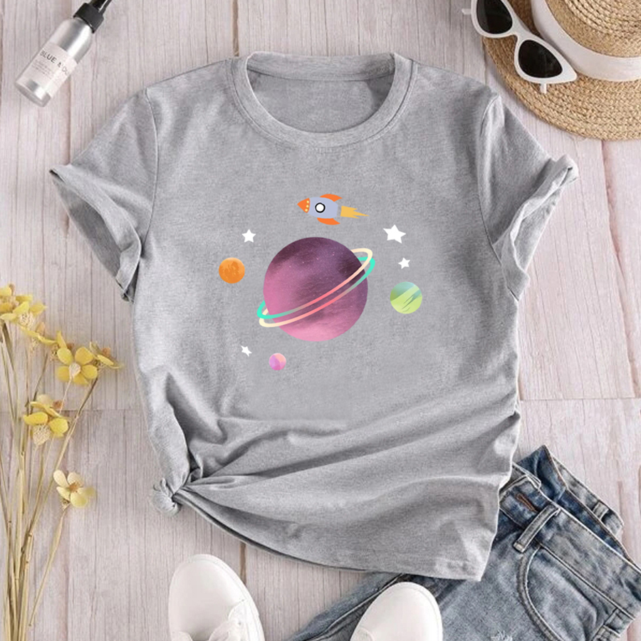 Casual Planet Cotton Round Neck Short Sleeve Regular Sleeve Printing T-shirt display picture 7