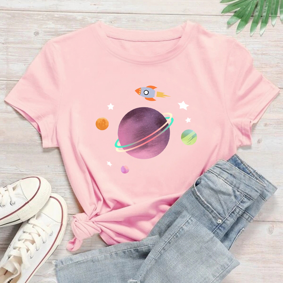 Casual Planet Cotton Round Neck Short Sleeve Regular Sleeve Printing T-shirt display picture 3