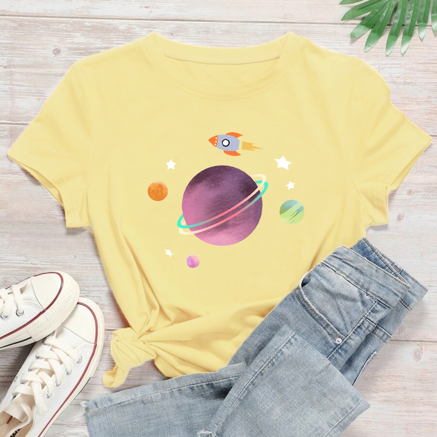 Casual Planet Cotton Round Neck Short Sleeve Regular Sleeve Printing T-shirt display picture 5