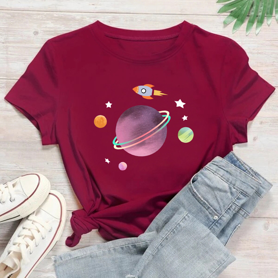 Casual Planet Cotton Round Neck Short Sleeve Regular Sleeve Printing T-shirt display picture 6